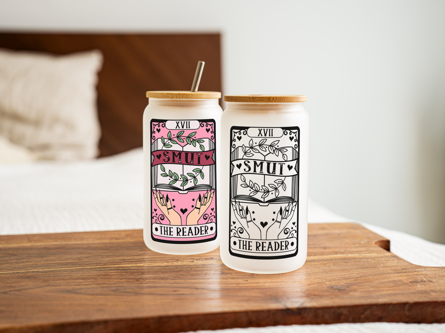 The Smut Reader Tarot Card Frosted Beer Glass with Bamboo Lid / Coffee Cup / Smut Gift / Smut Reader Gift / Tarot Card Gift