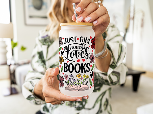 Just a Girl Who Loves Books 16oz Libbey Glass Can - Book Lover Floral Tumbler with Bamboo Lid and Straw, Perfect Gift for Readers"