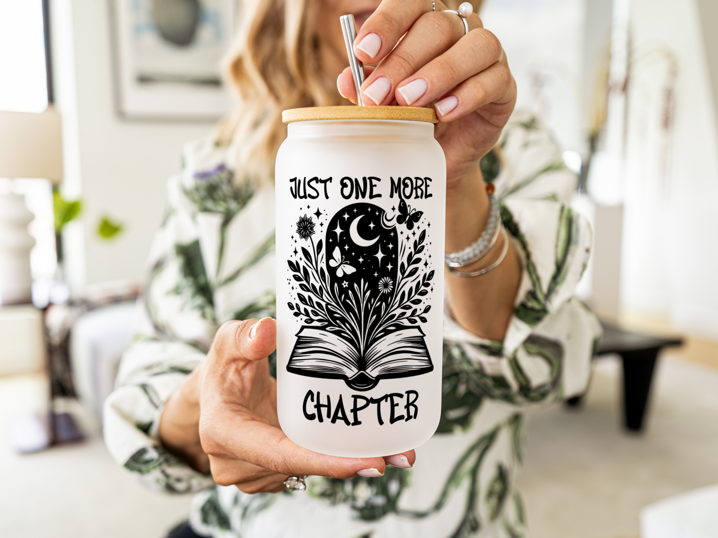 Just One More Chapter 16oz Glass Tumbler With Lid and Straw, Book Lover Gift, Reader Gift, Book Club Gift for Her, Book Lovers Iced Coffee Cup, Book Lovers Cup