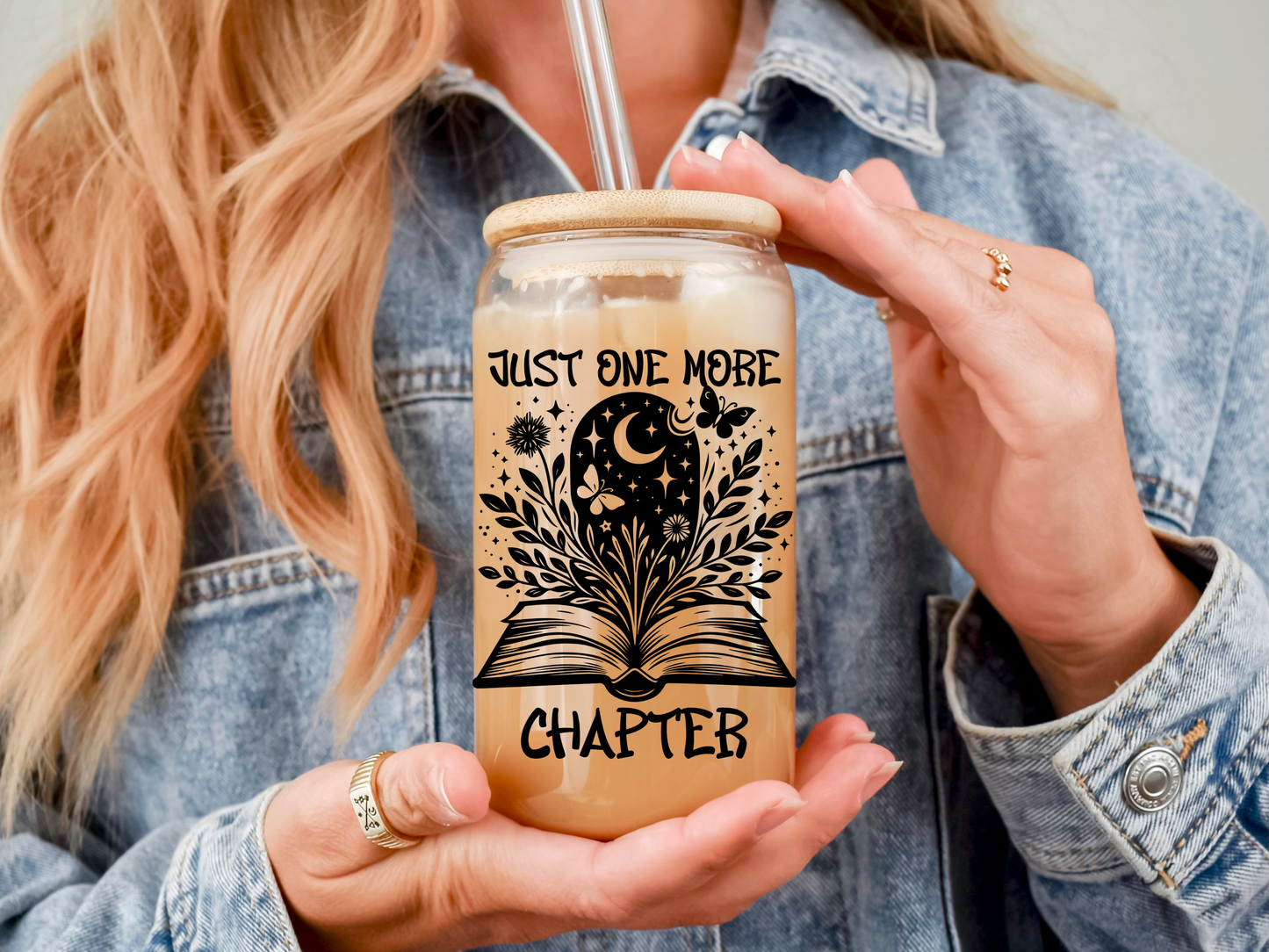 Just One More Chapter 16oz Glass Tumbler With Lid and Straw, Book Lover Gift, Reader Gift, Book Club Gift for Her, Book Lovers Iced Coffee Cup, Book Lovers Cup