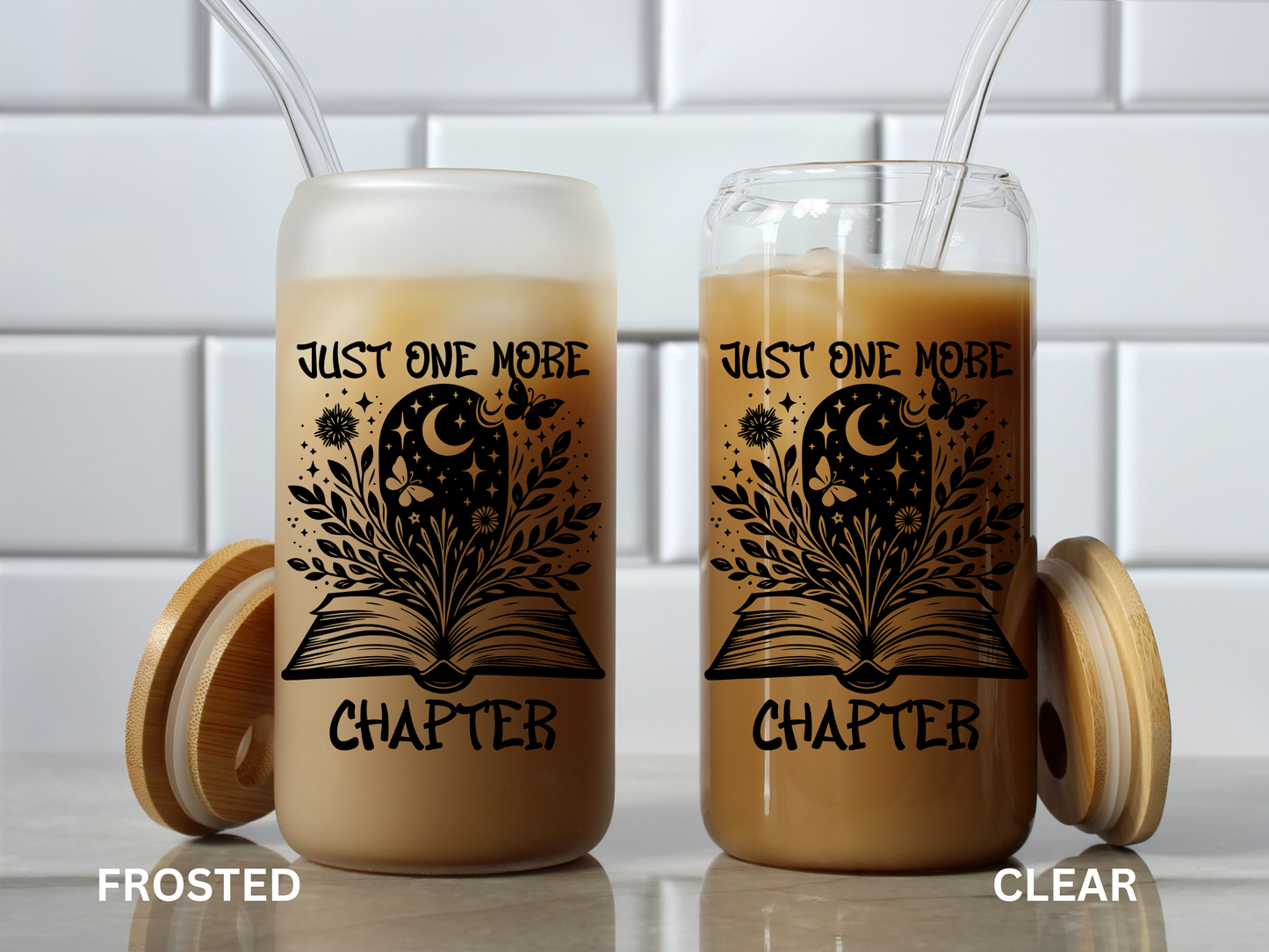 Just One More Chapter 16oz Glass Tumbler With Lid and Straw, Book Lover Gift, Reader Gift, Book Club Gift for Her, Book Lovers Iced Coffee Cup, Book Lovers Cup